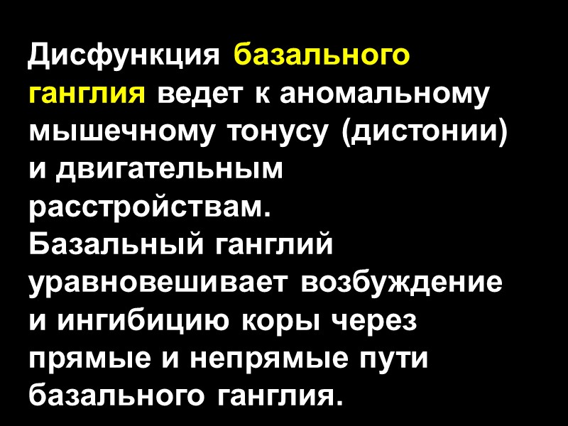 Дисфункция базального ганглия ведет к аномальному мышечному тонусу (дистонии) и двигательным расстройствам.  Базальный